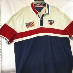 Tommy Hilfiger, Custom Polo, Large, Full Logos & Flag, Spell Out USA on back